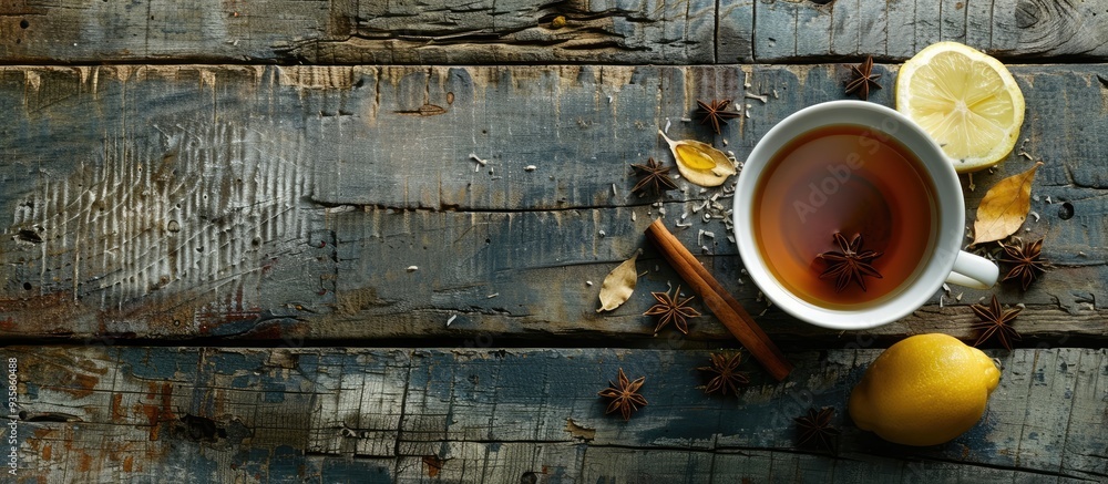 Poster a cup of ginger tea with lemon honey and spices on a rustic wooden surface with copy space top view