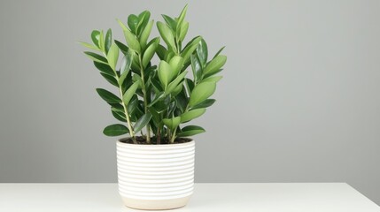 A vibrant Cacti Zamioculcas plant sits elegantly in a white ceramic pot, contributing to the modern, minimalist decor of a home office with a stylish gray backdrop