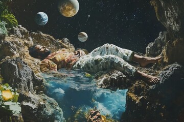 A man lies in lush foliage by calm waters, under a sky with planets and stars, capturing a serene and reflective moment amidst the blend of the natural and cosmic worlds.