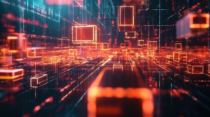 Obraz premium Abstract digital background with glowing squares and lines.