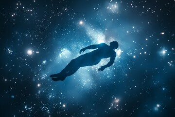 A silhouette of a person floating in the vast cosmic space, surrounded by twinkling stars and nebulae, embodying the essence of solitude and existential wonder.