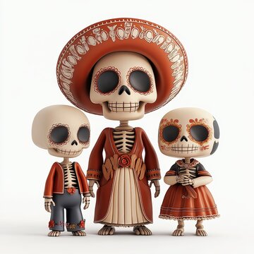 Three colorful calavera figurines dressed in traditional attire, celebrating Dia de los Muertos on a white background.