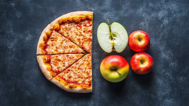 Top view of sliced pizza and whole apples arranged on a dark background, highlighting a creative food concept and balance between healthy and indulgent.