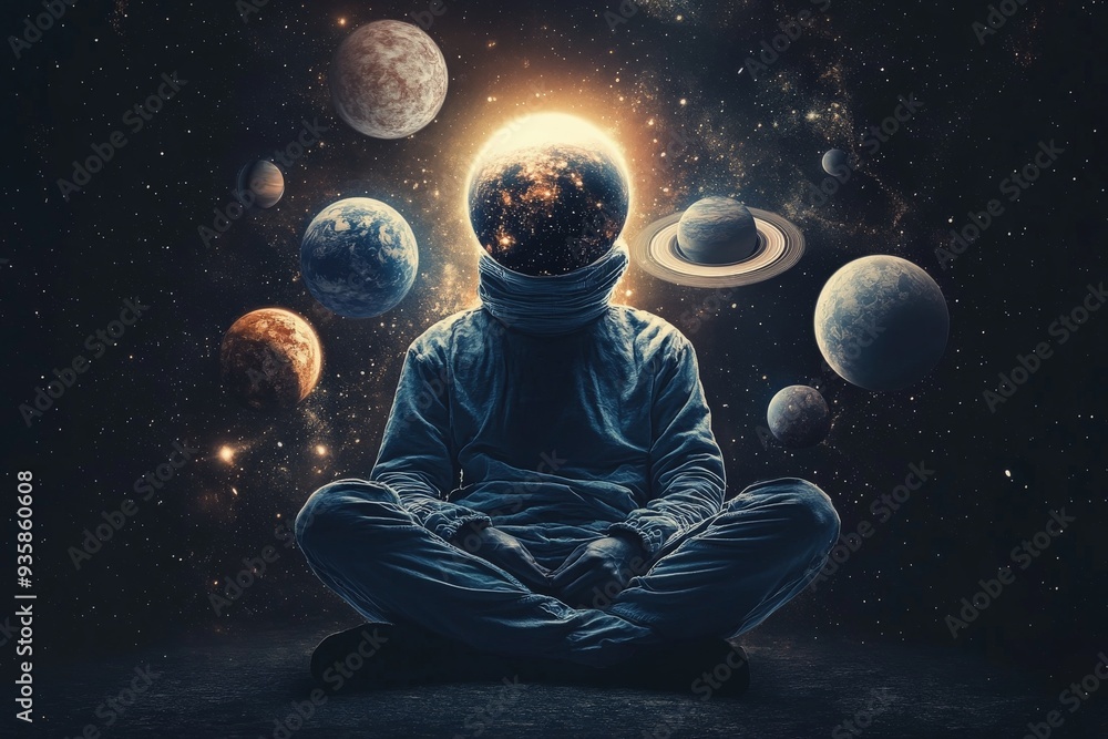 Poster an astronaut sits with planets surrounding them, their head blending into the cosmos, representing e