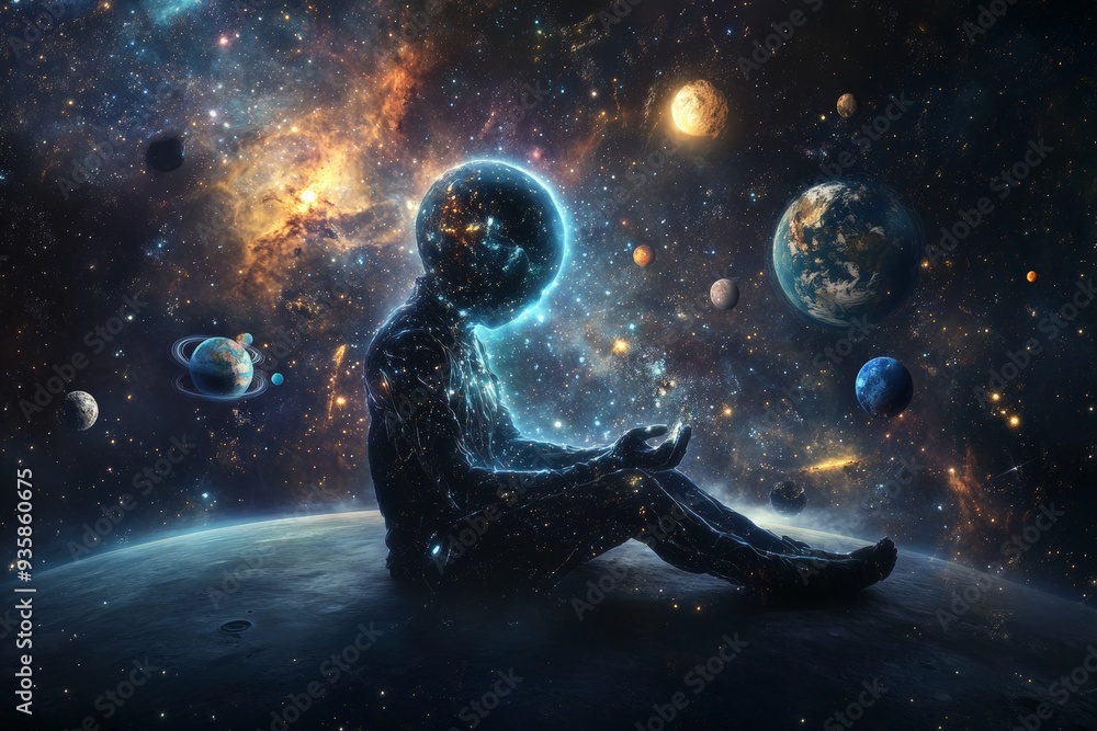 Poster a childlike figure sits and gazes at a galaxy filled with planets and stars, representing innocence,