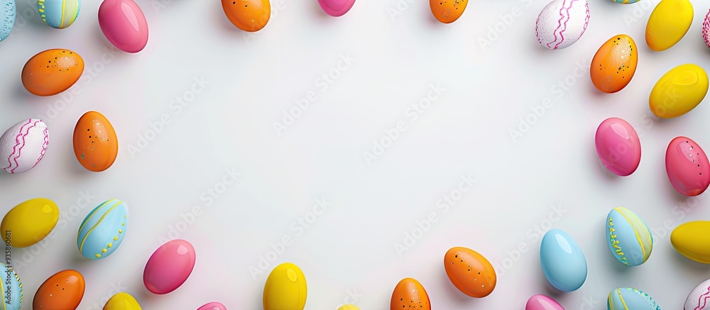 Poster colorful easter eggs border a white background from a top view perspective creating copy space