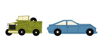 flat cars off-road green,sedan blue,vector 
 illustration set 
