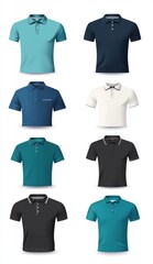 Polo Shirt mockup design with front and back views in black, white, green, and blue colors