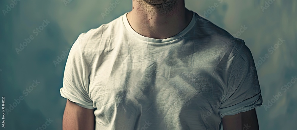 Aufkleber close up of a man wearing a plain t shirt. copy space image. place for adding text and design