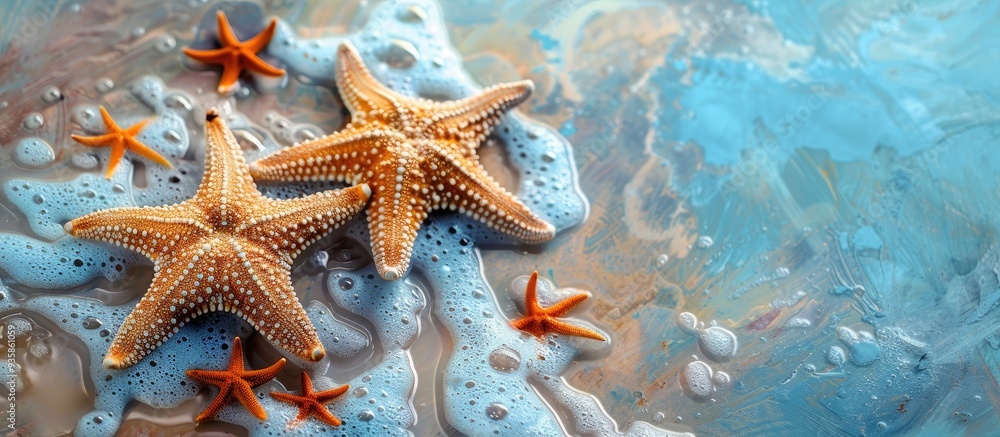 Poster large starfish set against a sea backdrop attractive ocean design. copy space image. place for addin