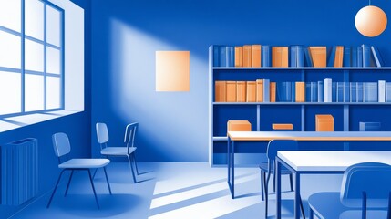 Blue Room Interior Design with Bookshelf and Chairs - This minimalist illustration depicts a blue room interior with a bookshelf, chairs, and sunlight streaming through a window. The bookshelf is fill