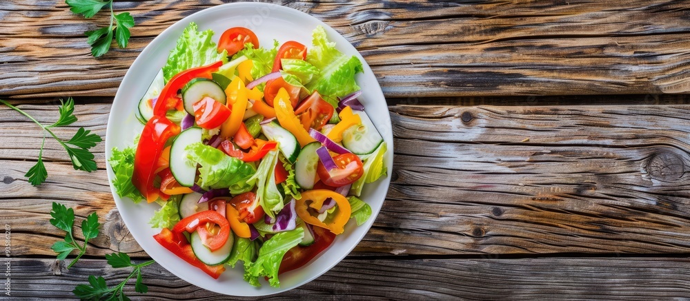 Poster shopska salad on a white plate against a wooden background close up. copy space image. place for add