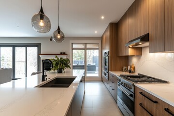 A warm and inviting kitchen highlighting rich wood cabinetry, smooth marble countertops and island seating, combined with modern appliances and stylish decorative elements.
