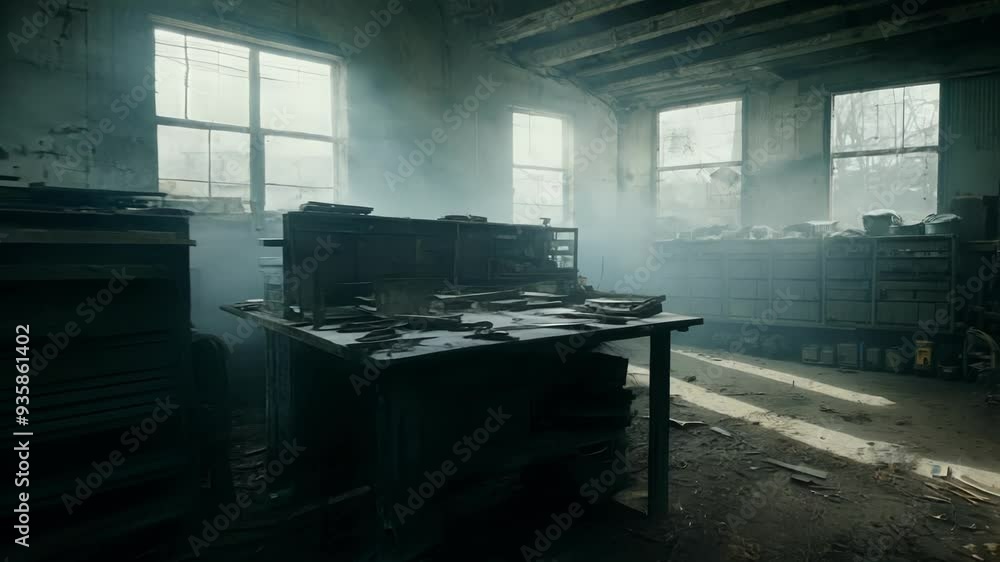 Aufkleber sunlight streams through large windows in an abandoned workshop, illuminating dust particles that fl