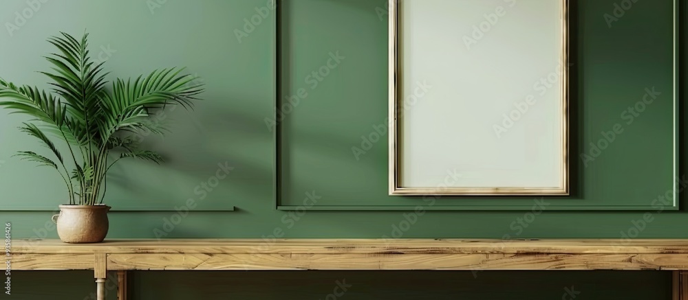 Poster green wall empty wooden desk and wooden frame clear space for text and images. copy space image. pla