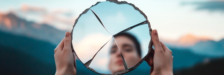 Broken Mirror Reflection - Finding Yourself in the Fragments - A person holds a broken mirror reflecting their face, symbolizing shattered self-image, fractured identity, the search for wholeness, vul