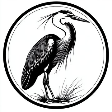 recommend clip art: Black and white flat vector art illustration of a heron in a circular stamp logo style, svg design, isolated on white background, simple vector art design