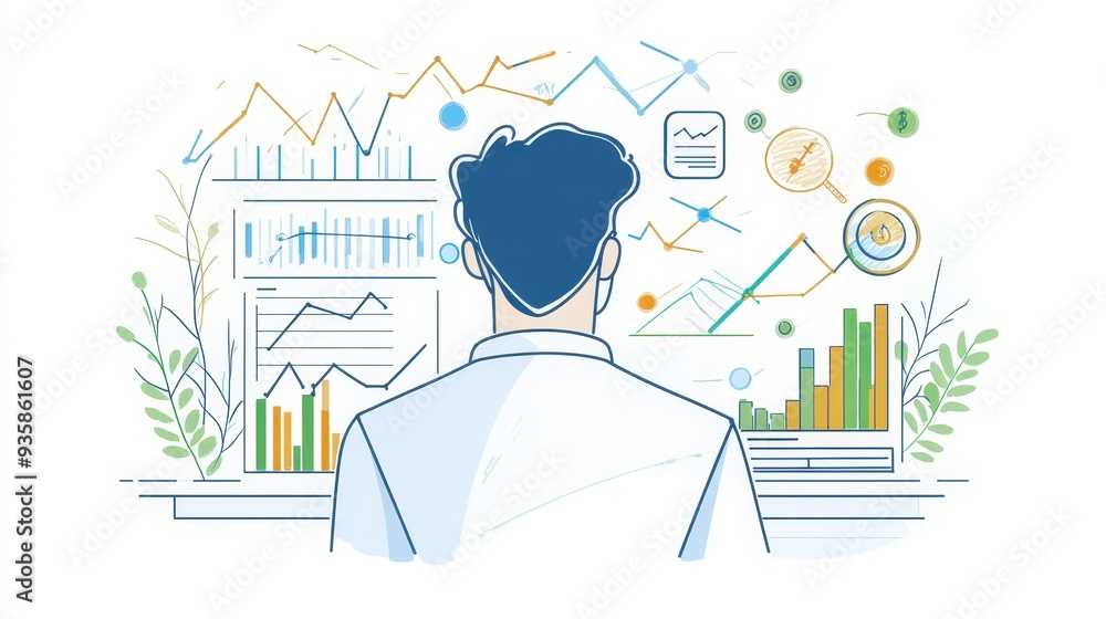Poster business analyst studying data and charts - a businessman analyzes data and charts on a computer scr