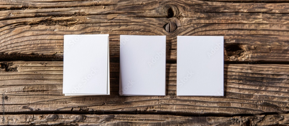 Aufkleber blank business cards on a wooden table id template top view. copy space image. place for adding text