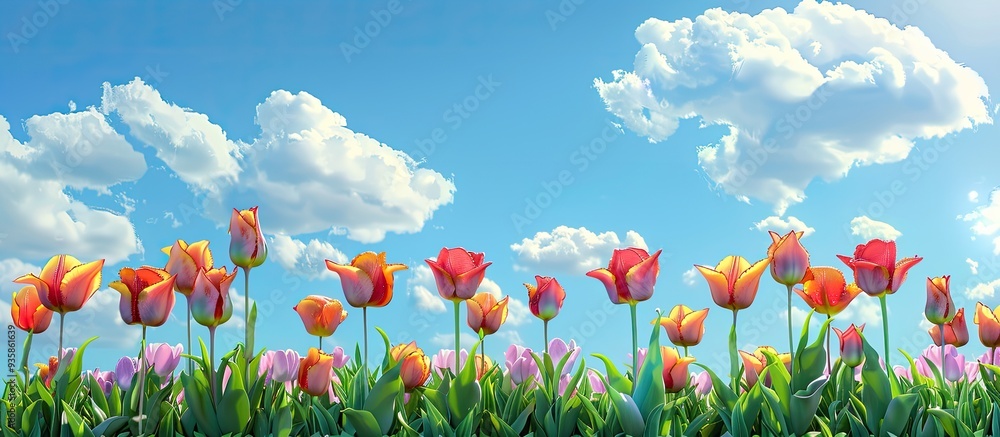Poster vibrant tulips set against a blue sky adorned with white clouds. copy space image. place for adding 