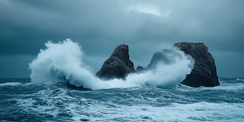 Naklejka premium A powerful wave crashes against rocky outcrops in a stormy ocean, showcasing nature's strength and unpredictability.