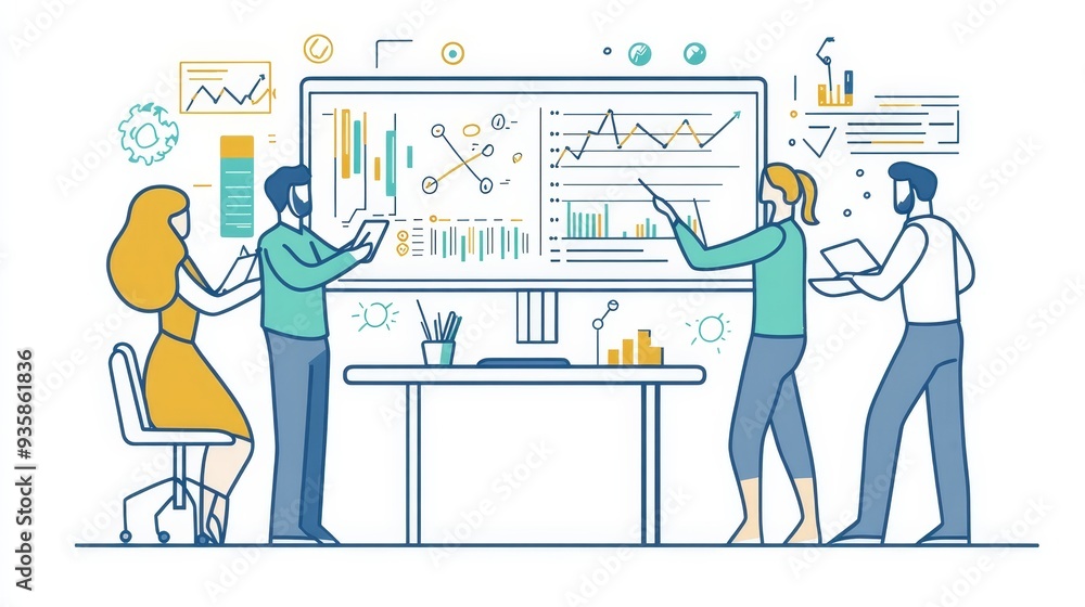 Poster business team analyzing data and charts on a large screen - a team of four business professionals co