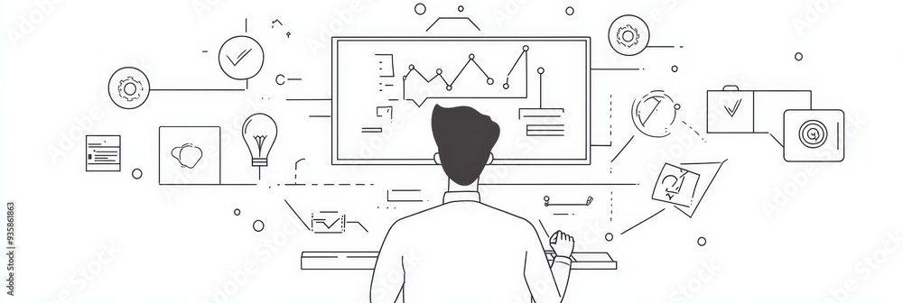 Poster businessman analyzing data and growth on computer screen - a businessman is sitting at a computer, a