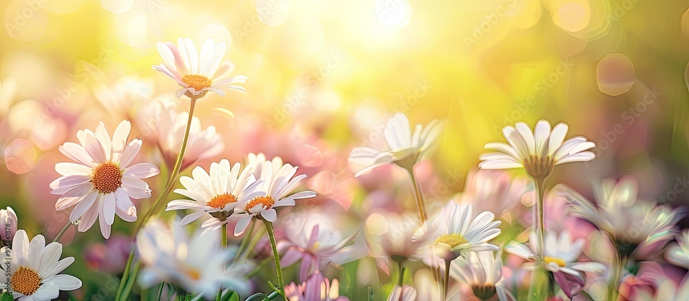 Poster close up of blooming small daisies with embossed petals in the field. copy space image. place for ad