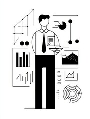 Businessman analyzing data and charts for strategic decision-making - A businessman stands amidst a sea of data, analyzing charts and graphs, symbolizing strategic decision-making, data analysis, busi