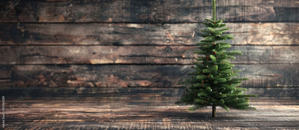 Poster christmas pine tree on a wooden surface. copy space image. place for adding text and design