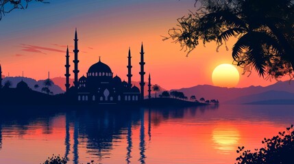 Fototapeta premium Silhouetted Mosque with Sunset Reflection in Calm Water