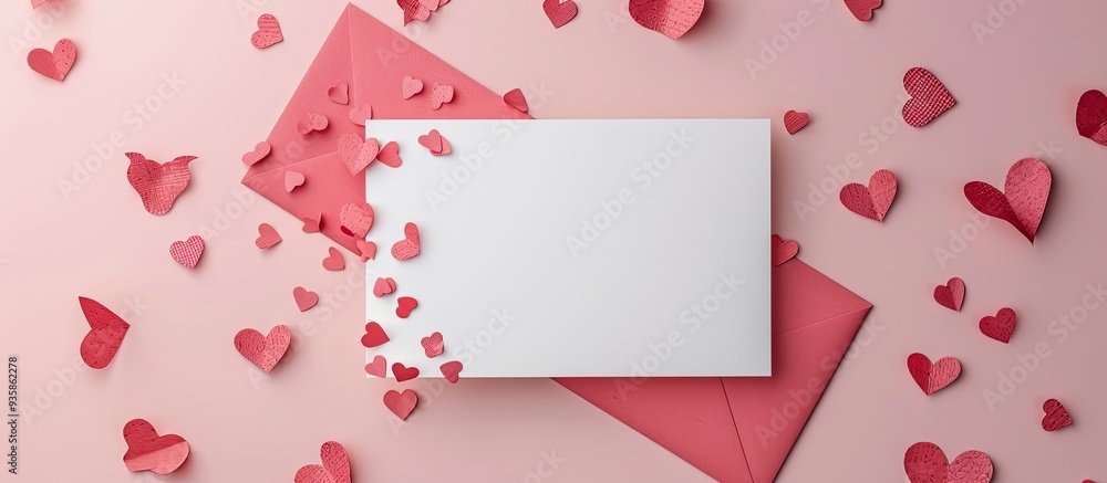 Poster valentine s day or wedding mockup setting featuring a blank card confetti made of paper hearts and s