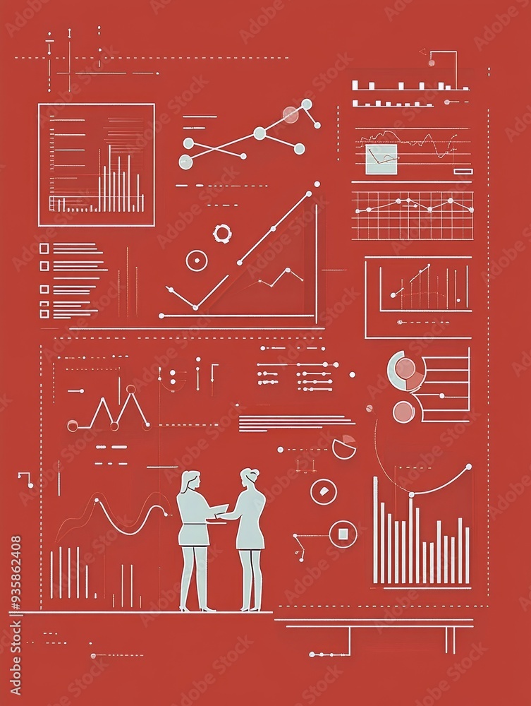 Poster businesswomen analyzing data and charts on red background - two businesswomen are standing in front 