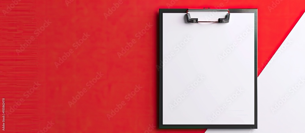 Poster blank clipboard paper on a red and white background. copy space image. place for adding text and des