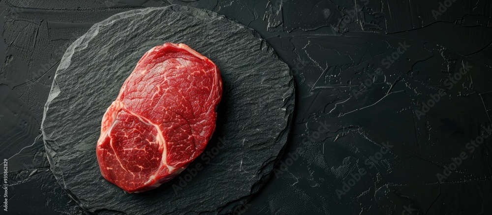 Poster Raw ribeye steak On a black stone table Top view Copyspace for your text