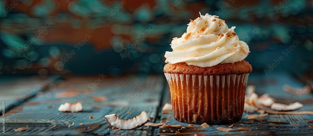 Poster tasty coconut cupcake topped with cream on a colorful wooden table against a dark background. copy s