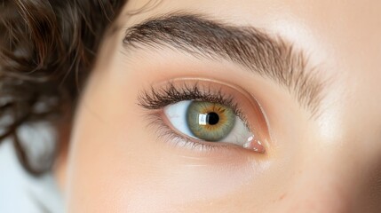 Obraz premium Closeup of a Woman's Striking Green Eye with Long Eyelashes - A captivating close-up shot of a woman's eye, showcasing the vibrant green iris, long lashes, and delicate skin. The image conveys beauty,