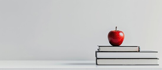 Back to school a stack of books and a red apple on a white table against a white background Remote learning at home Quarantine idea of staying home. Copy space image. Place for adding text and design