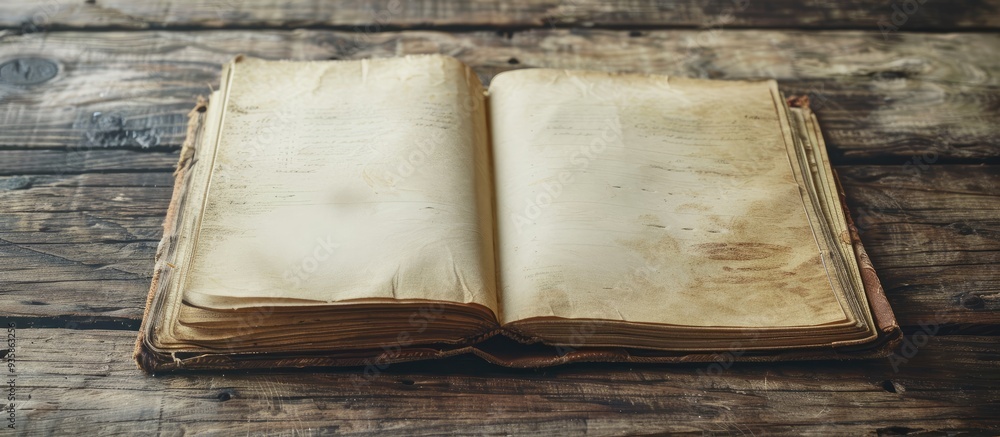 Poster open blank vintage notebook on a wooden desk with empty space for your art or text presentation. cop