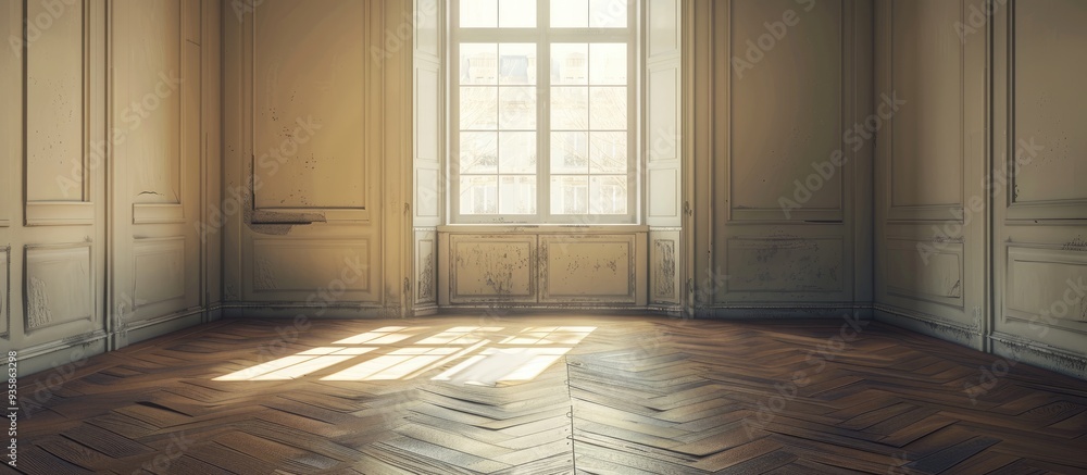 Poster vacant room featuring a window and parquet flooring no one is present inside. copy space image. plac