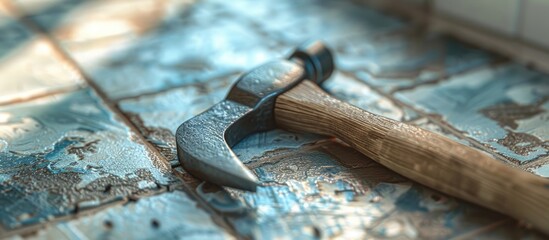 A hammer for driving nails and a wood chisel are positioned next to the newly tiled area. Copy space image. Place for adding text and design