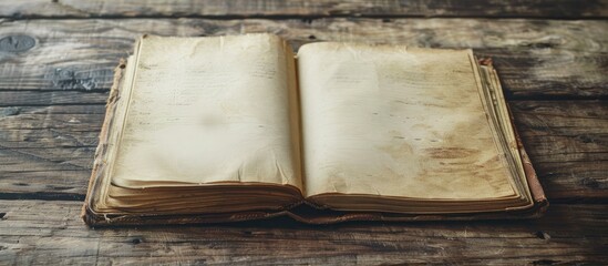 Open blank vintage notebook on a wooden desk with empty space for your art or text presentation. Copy space image. Place for adding text and design