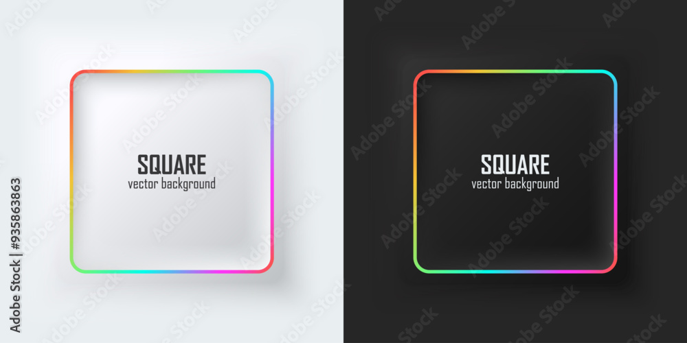 Fototapete Set of realistic 3d squares. Rainbow illuminate neon lighting, Square frames on a white and black background in neumorphism style. Elements for design. Top view of the podium. EPS10 vector.