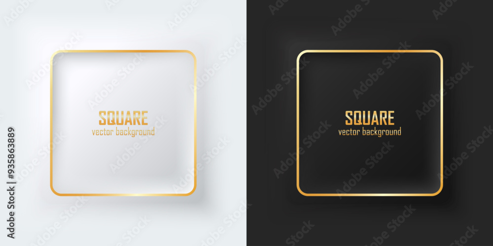 Poster Set of realistic 3d squares. Gold illuminate neon lighting, Square frames on a white and black background in neumorphism style. Elements for design. Top view of the podium. EPS10 vector.