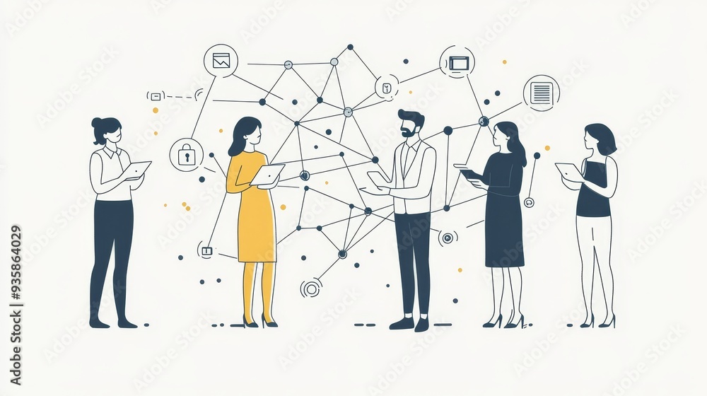 Poster collaborative teamwork and networking concept illustration - a group of professionals collaborating 
