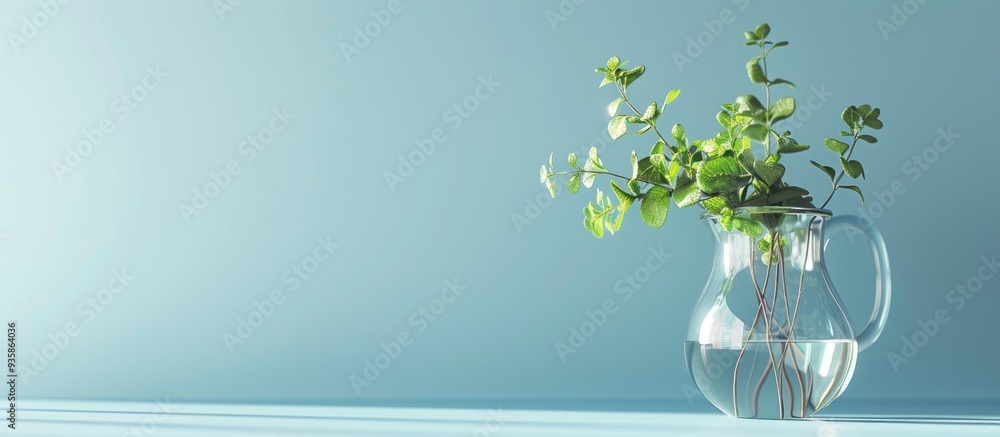Poster a jug containing a small green plant set against a blue background. copy space image. place for addi