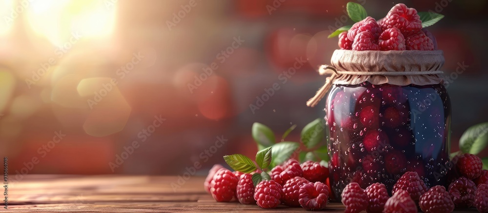 Poster jar of tasty raspberry jam and fresh berries on a wooden table closeup room for text. copy space ima