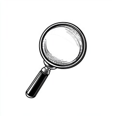Black and white flat vector art illustration of a magnifying glass in a circular stamp logo style, svg design, isolated on white background, simple vector art design