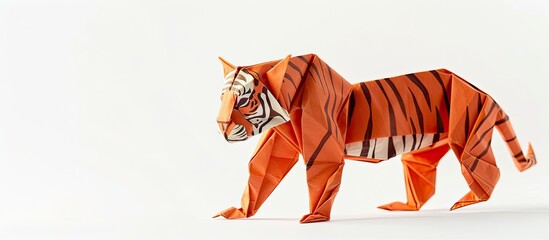 Animal concept origami featuring an orange Bengal tiger with stripes isolated on a white background with copyspace is a simple beginner craft for children
