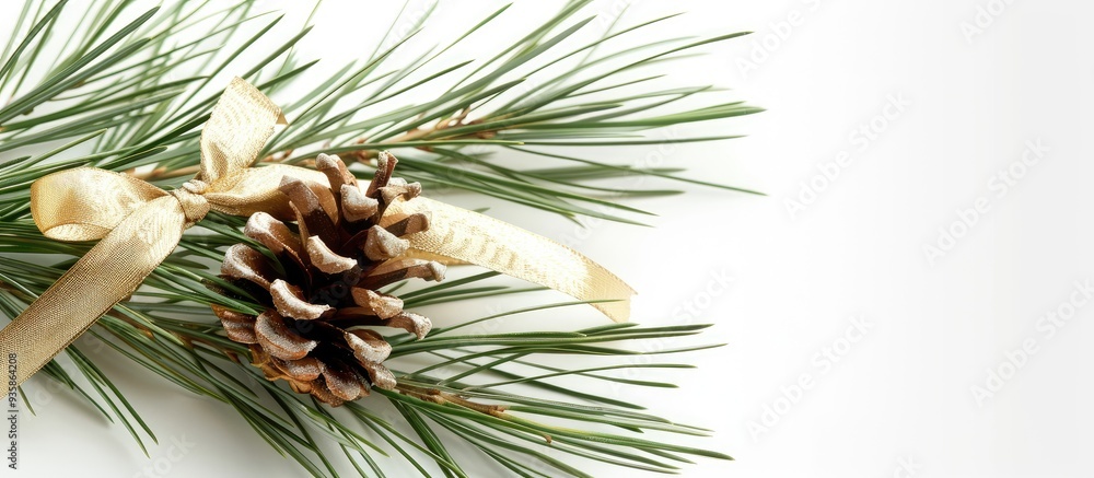 Poster christmas decor featuring pine needles and a pinecone adorned with a gold ribbon set against a white